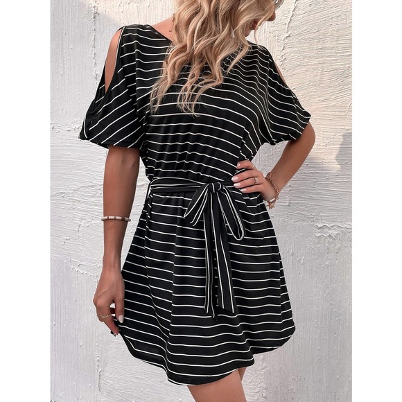 preppy Cold Shoulder Striped Belted Dress black white - Picture 4 of 10